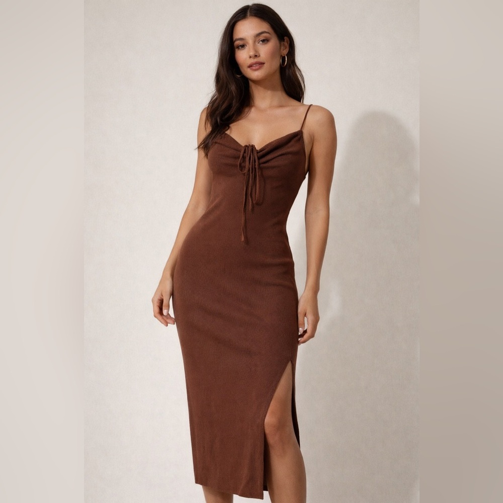 ICON Brown Spaghetti-Strap Midi Dress with Front Tie
BB2